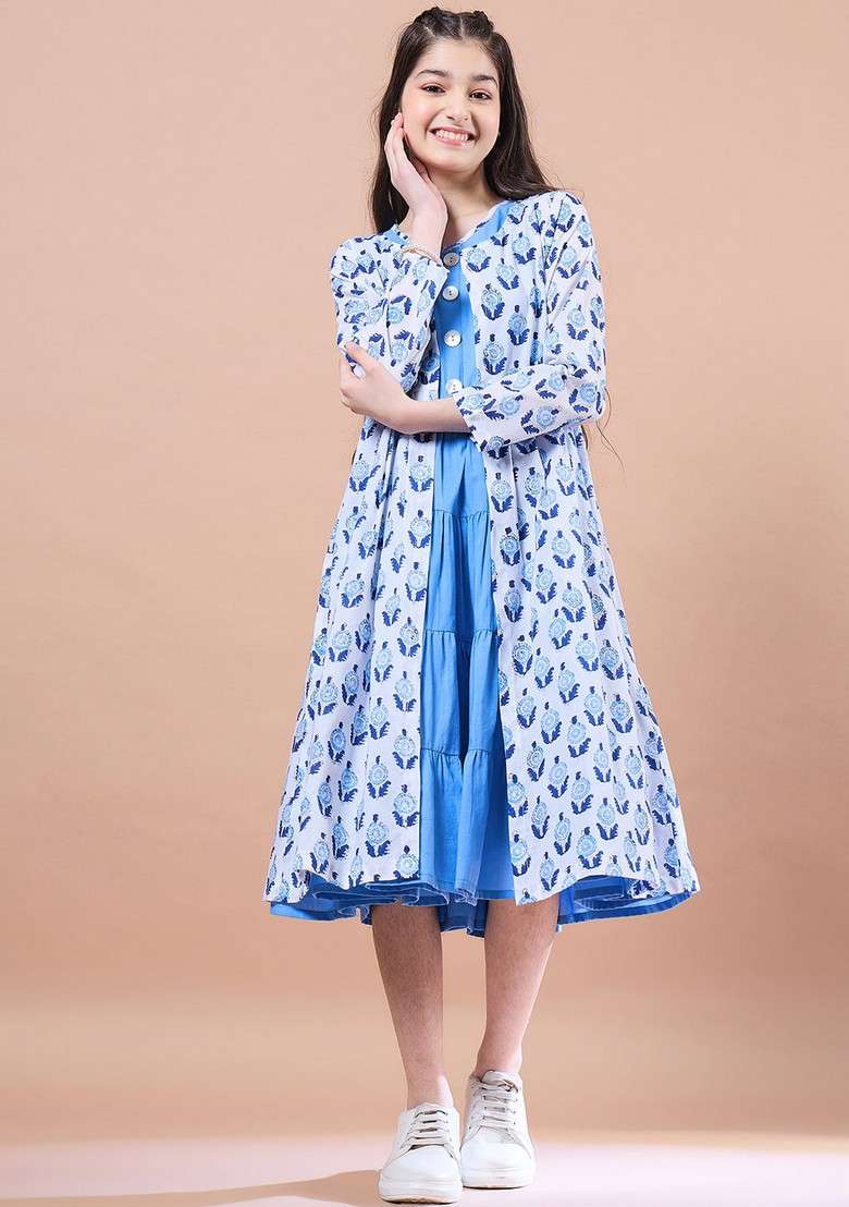 Blue Printed Cotton Dress - Indya