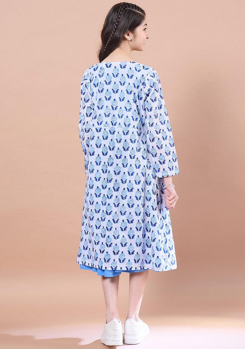 Blue Printed Cotton Dress - Indya