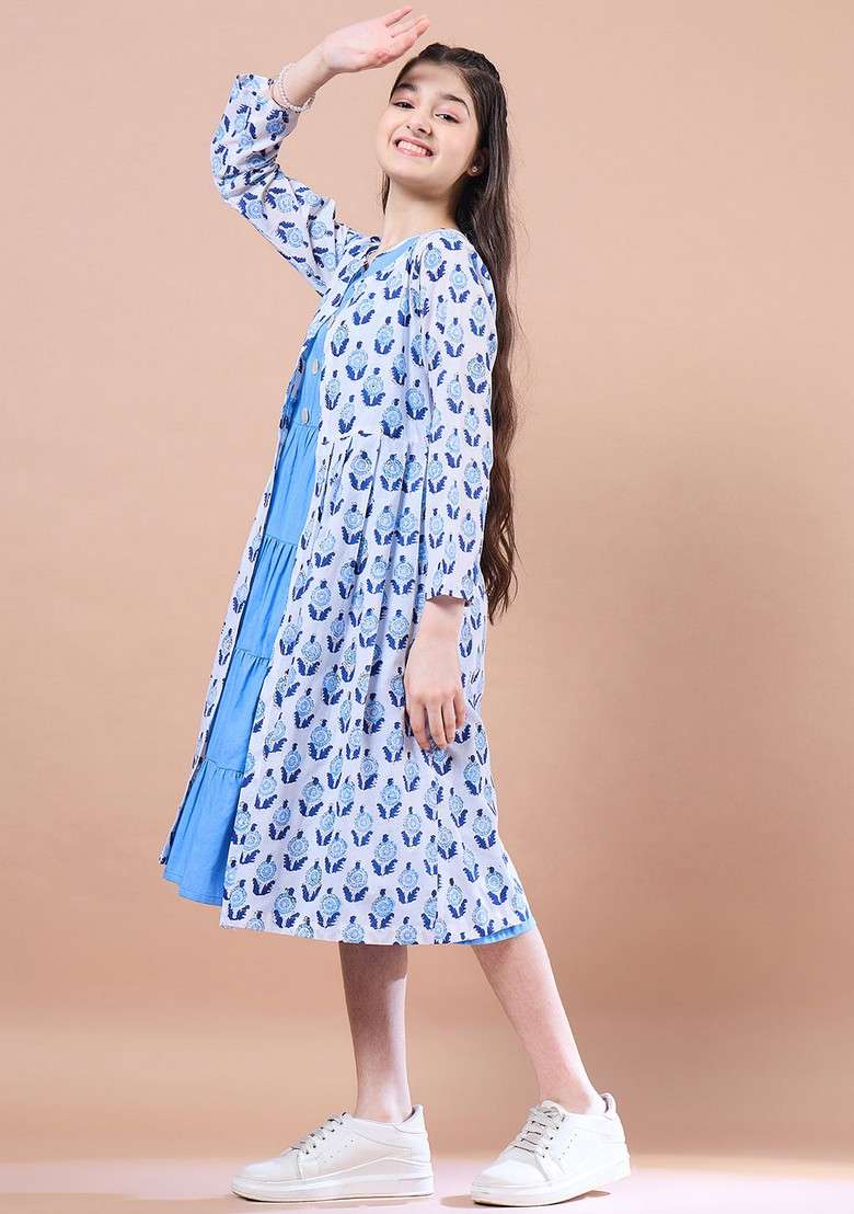 Blue Printed Cotton Dress - Indya