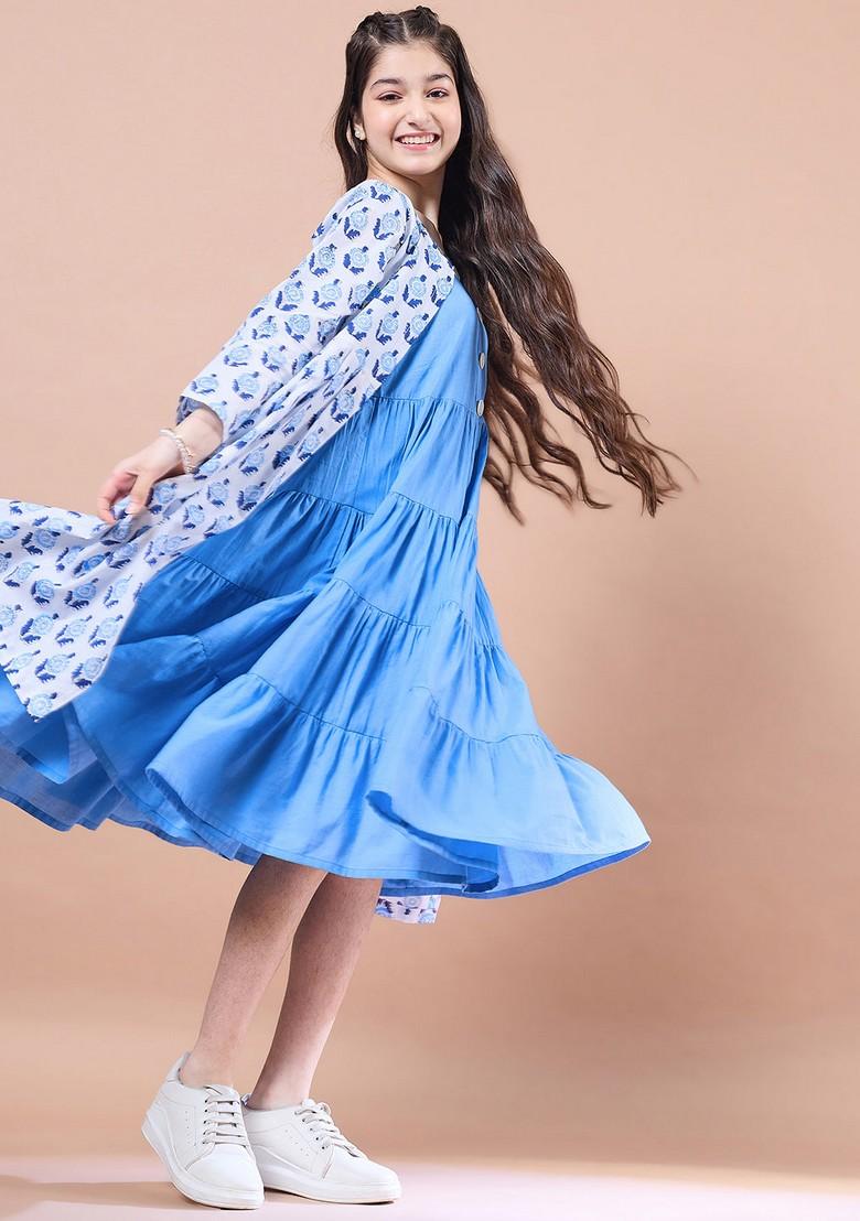 Blue Printed Cotton Dress - Indya