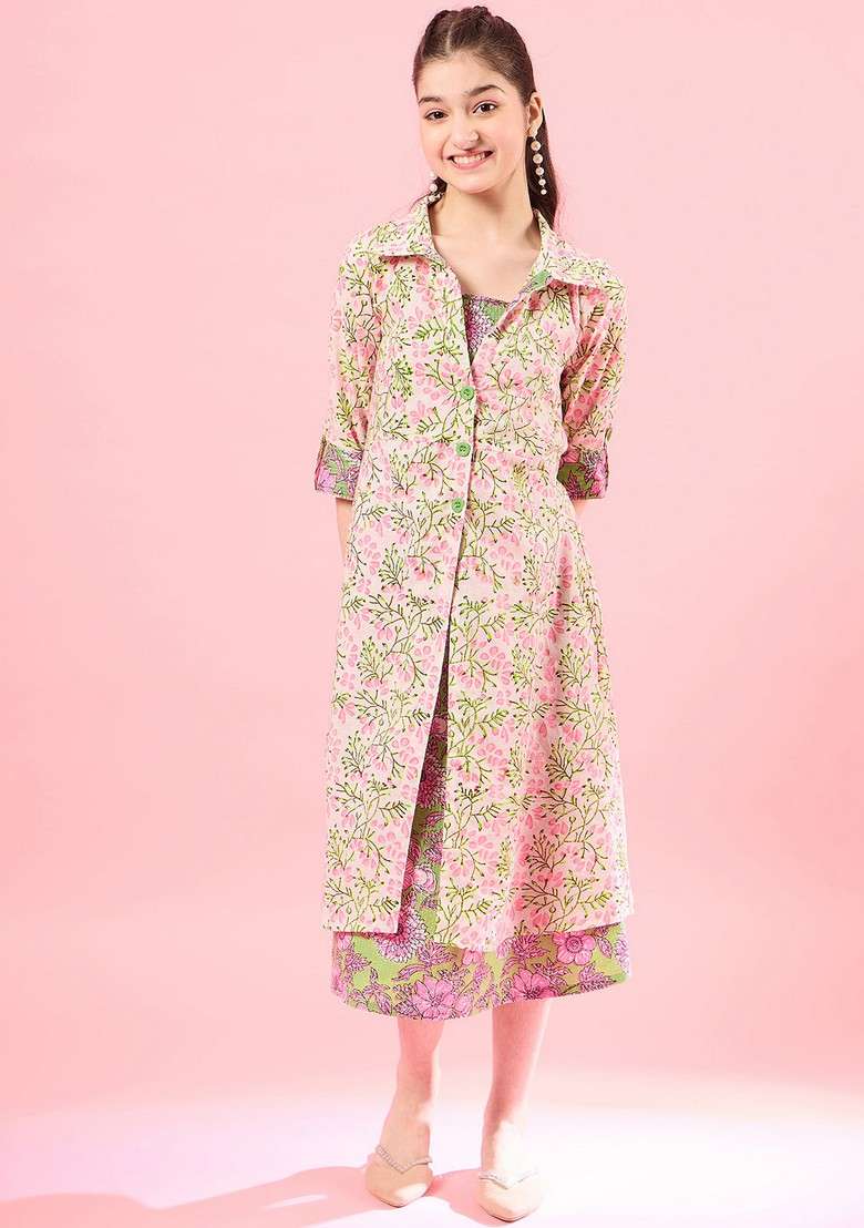 Green Printed Cotton Dress - Indya