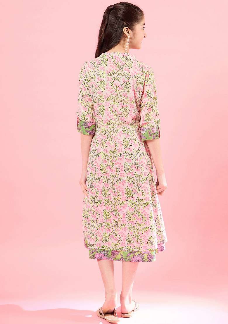 Green Printed Cotton Dress - Indya