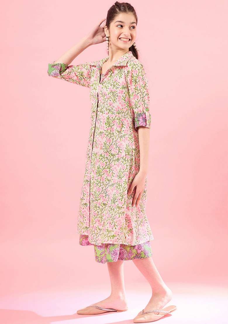 Green Printed Cotton Dress - Indya