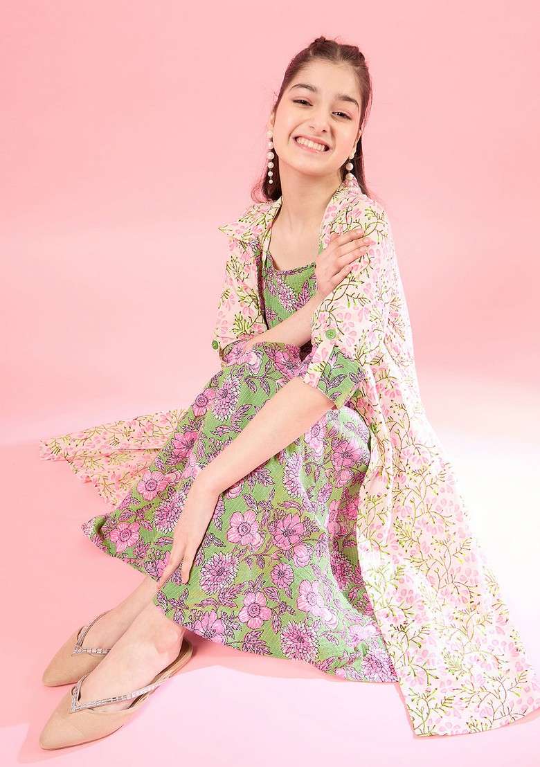 Green Printed Cotton Dress - Indya