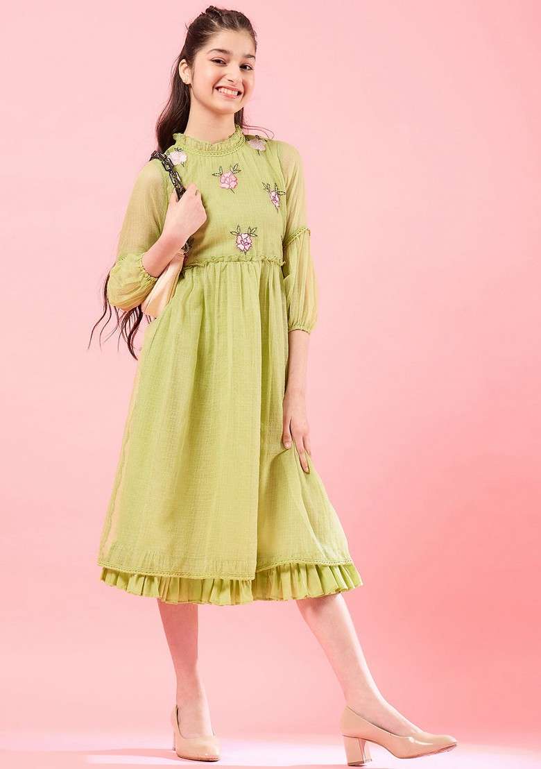 Yellow Cotton Blend Dress - Indya