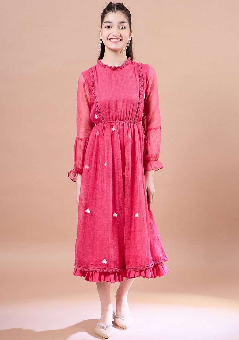 Magenta Cotton Blend Dress - Indya