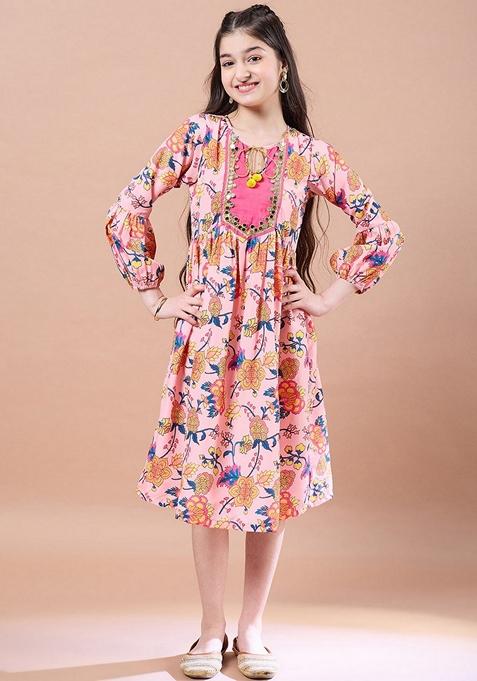 Peach Printed Polyester Dress