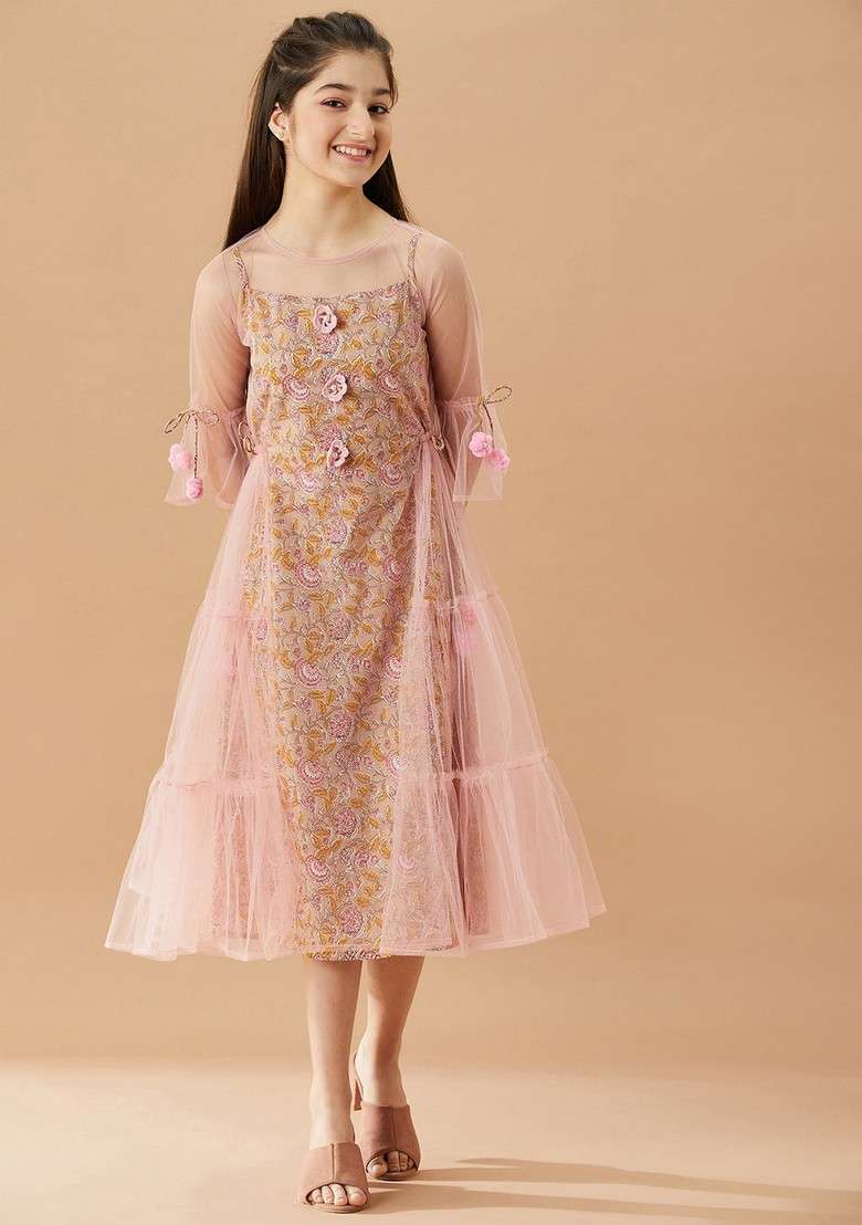 Pink Printed Cotton Dress - Indya