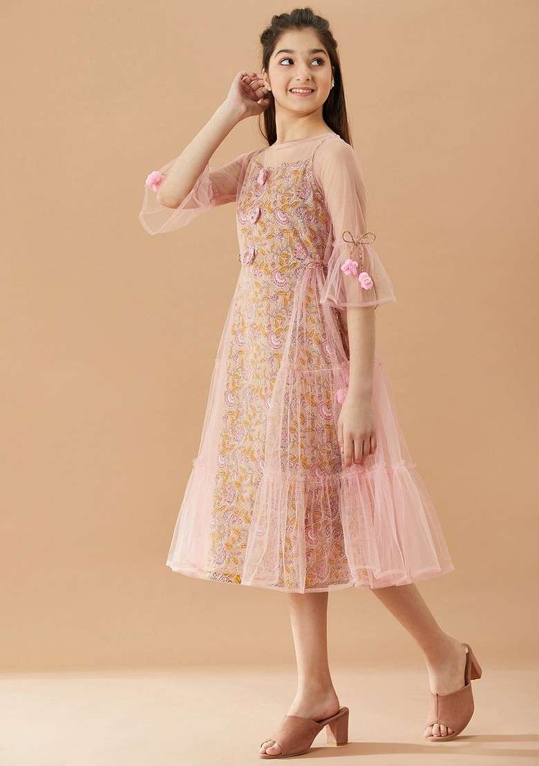 Pink Printed Cotton Dress - Indya