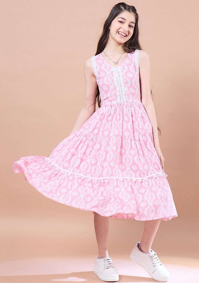 Pink Printed Cotton Dress - Indya