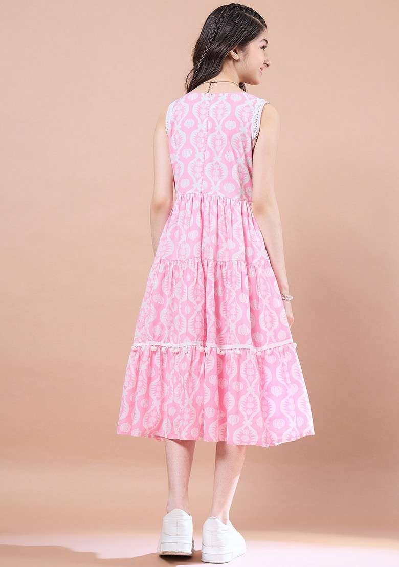 Pink Printed Cotton Dress - Indya