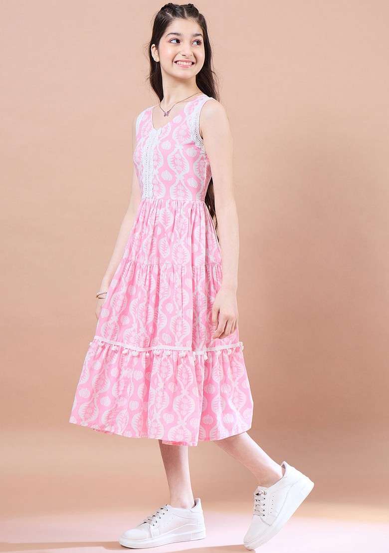 Pink Printed Cotton Dress - Indya