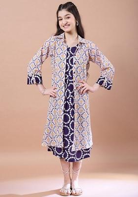 Purple Printed Cotton Dress With Shrug (Set Of 2)
