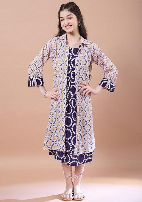 Purple Printed Cotton Dress With Shrug (Set Of 2)