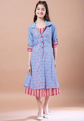Blue Printed Cotton Dress With Shrug (Set Of 2)
