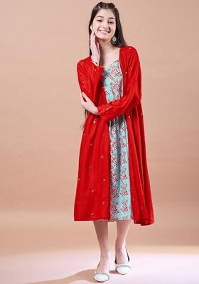 Red Printed Cotton Rayon Dress With Shrug (Set Of 2)
