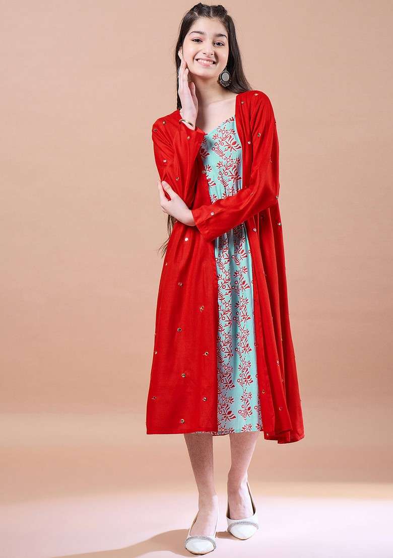 Red Printed Cotton Rayon Dress With Shrug (Set Of 2) - Indya