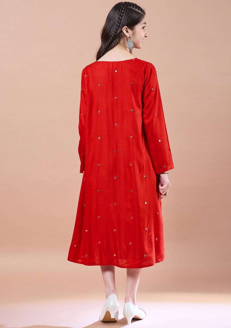 Red Printed Cotton Rayon Dress With Shrug (Set Of 2) - Indya