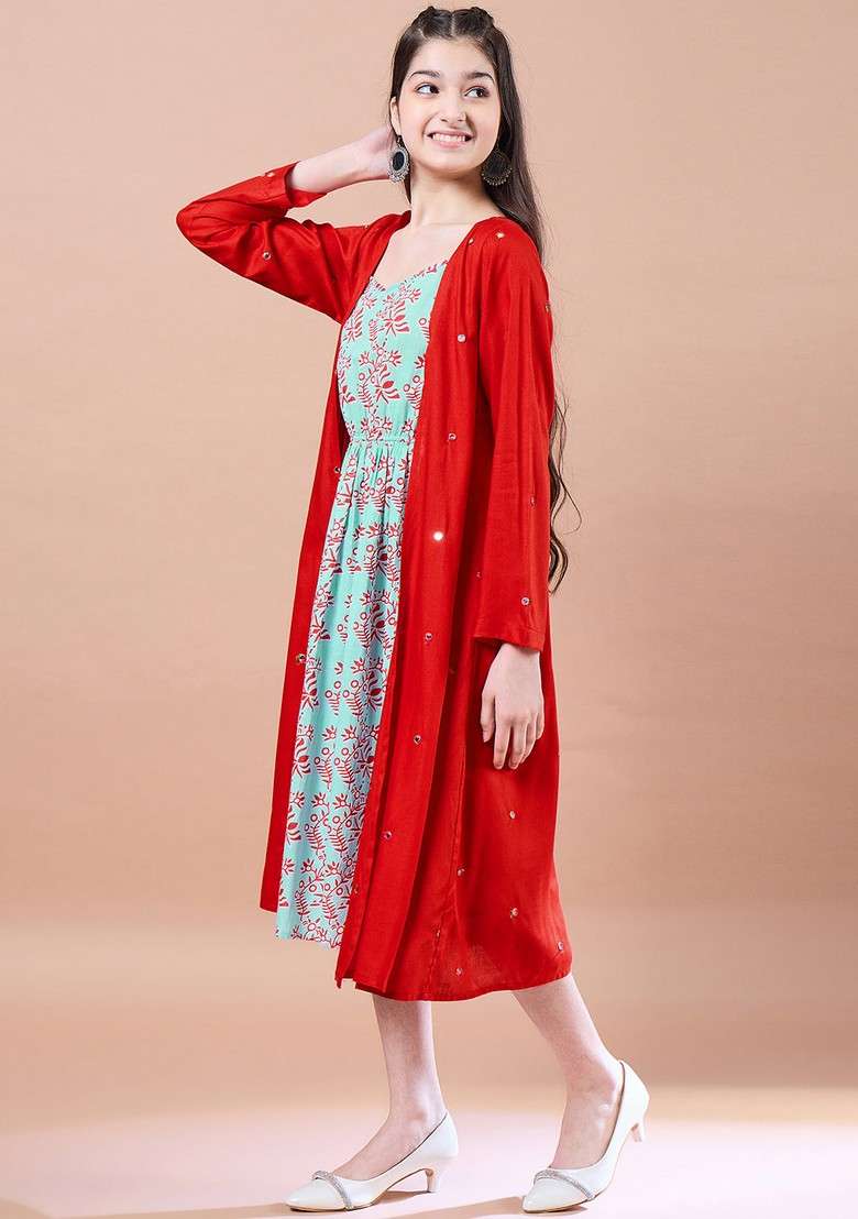 Red Printed Cotton Rayon Dress With Shrug (Set Of 2) - Indya