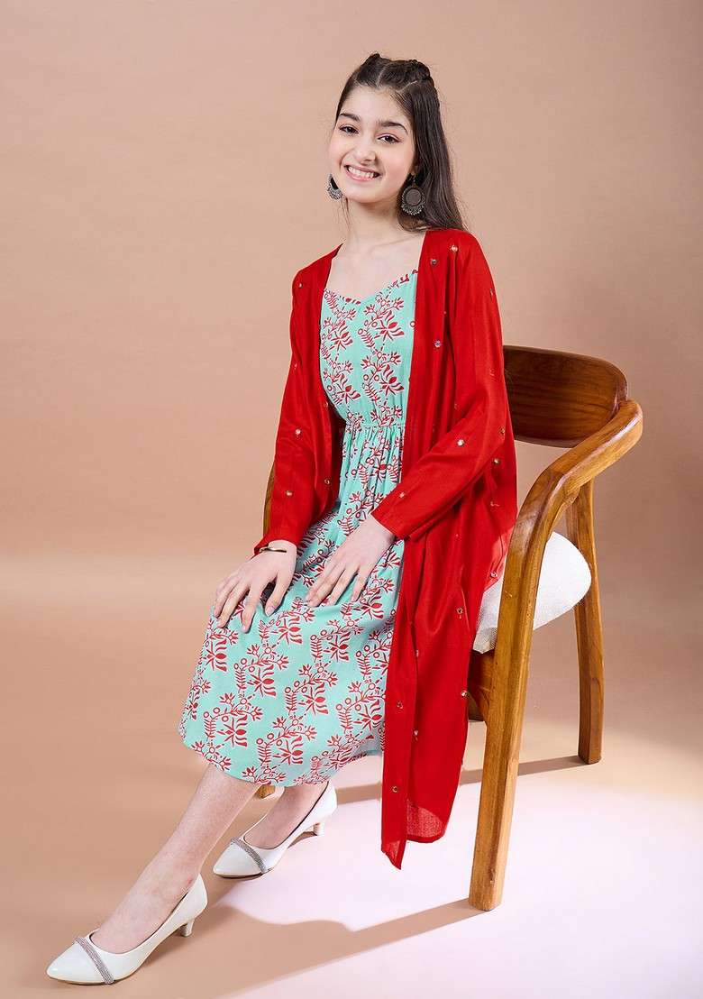 Red Printed Cotton Rayon Dress With Shrug (Set Of 2) - Indya