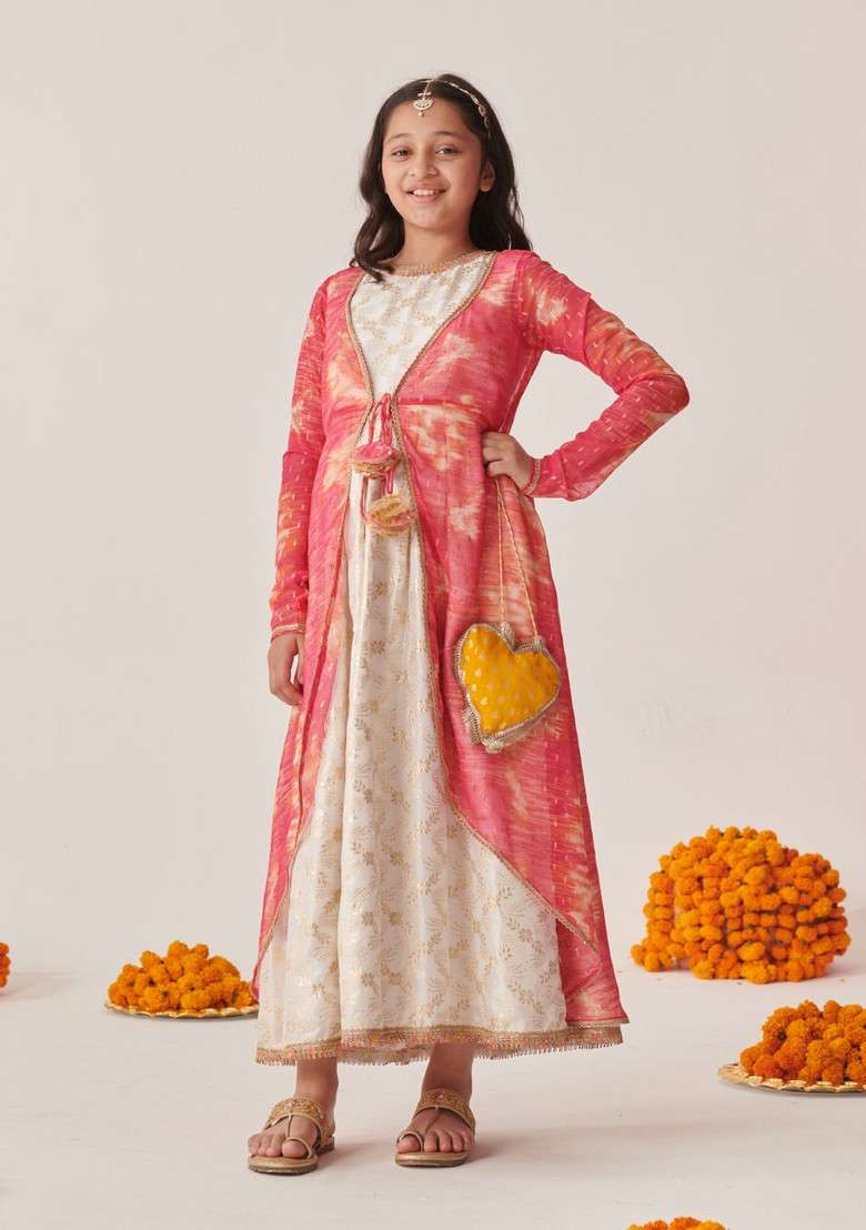 White Printed Silk Blend Dress - Indya