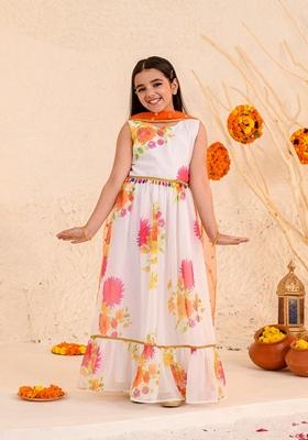 White Printed Georgette Dress With Dupatta (Set Of 2)