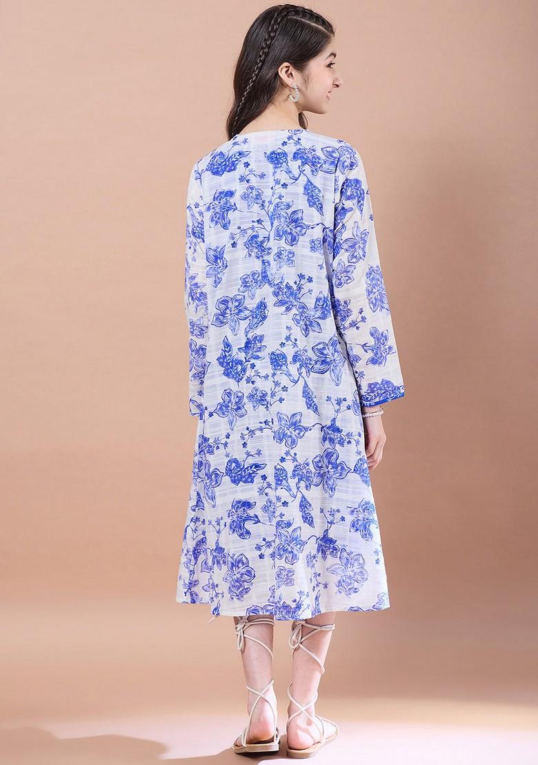 Blue Printed Cotton Blend Dress With Shrug (Set Of 2) - Indya