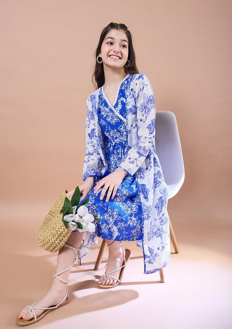 Blue Printed Cotton Blend Dress With Shrug (Set Of 2) - Indya