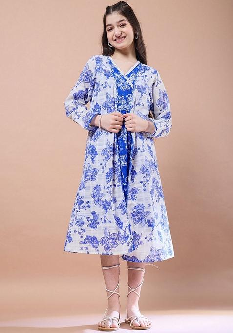 Blue Printed Cotton Blend Dress With Shrug (Set Of 2)