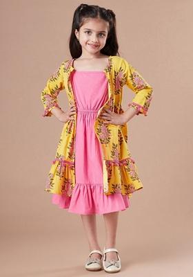 Yellow Printed Cotton Dress With Jacket (Set Of 2)