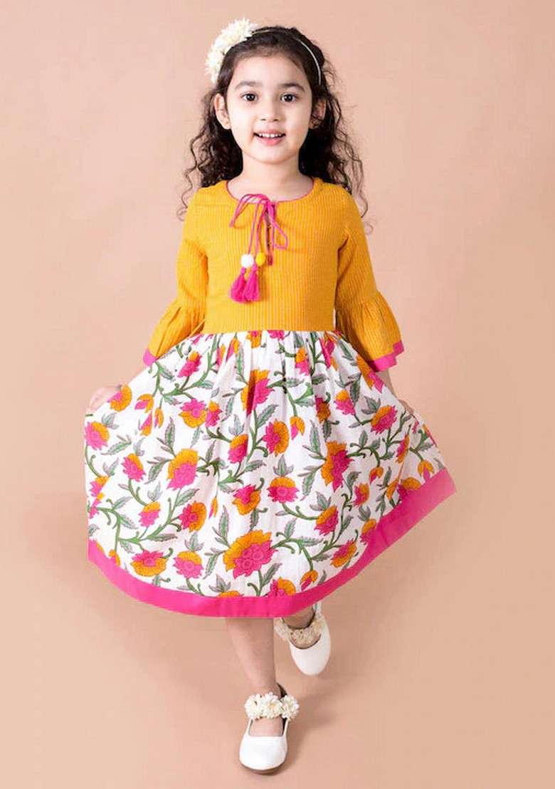 Yellow Floral Cotton Dress - Indya