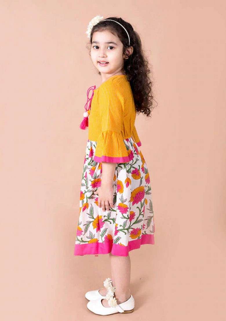 Yellow Floral Cotton Dress - Indya