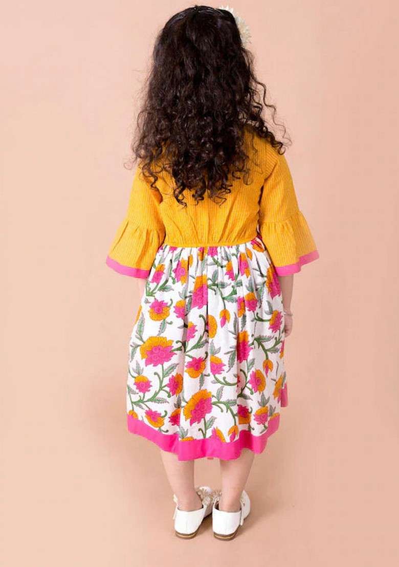 Yellow Floral Cotton Dress - Indya