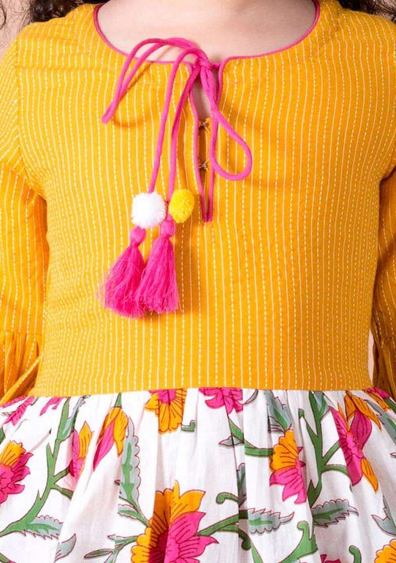 Yellow Floral Cotton Dress - Indya