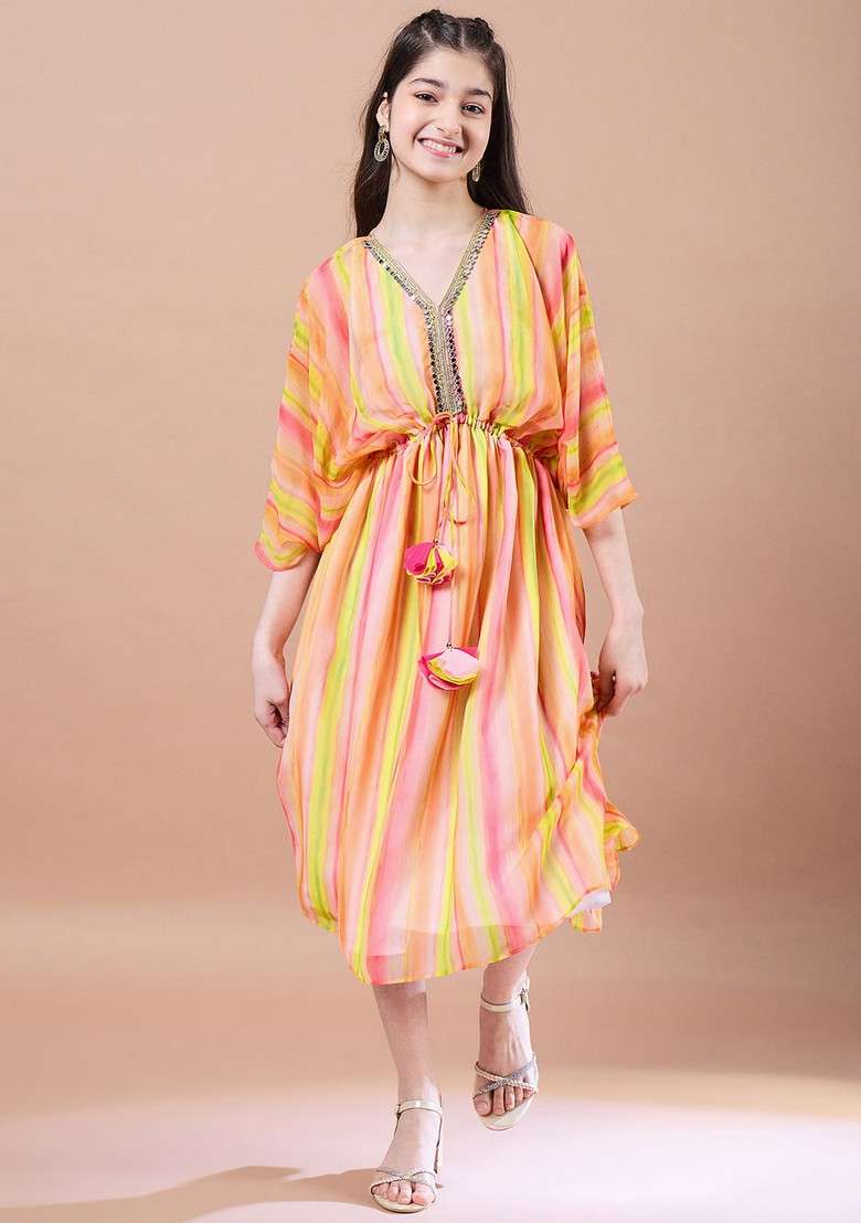 Yellow Striped Georgette Dress - Indya