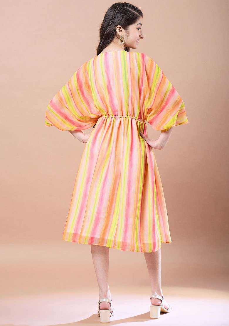 Yellow Striped Georgette Dress - Indya