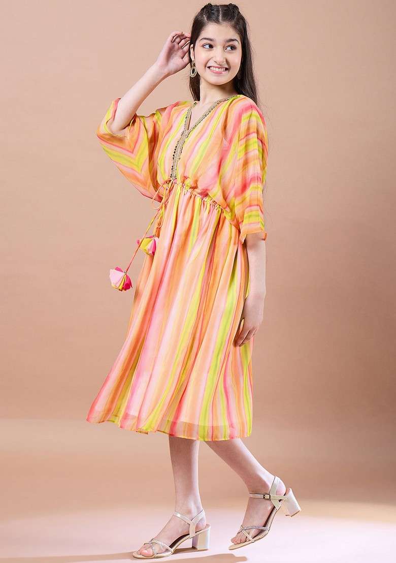 Yellow Striped Georgette Dress - Indya