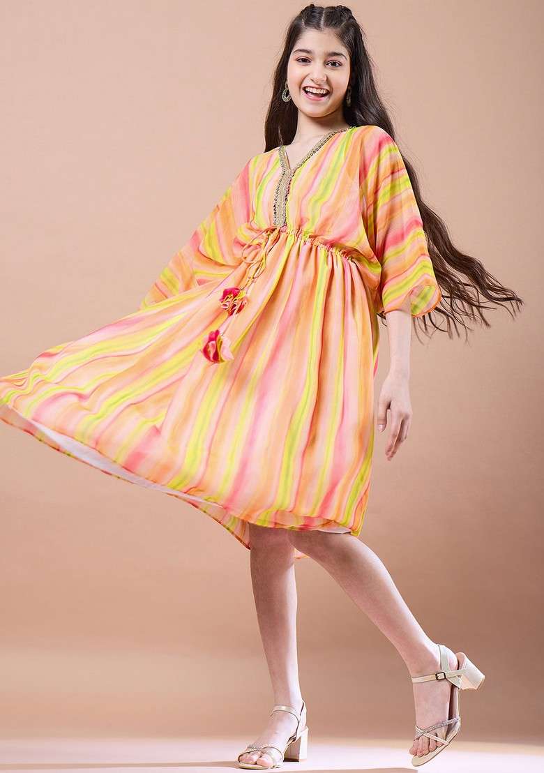 Yellow Striped Georgette Dress - Indya