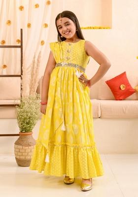 Yellow Printed Cotton Dress With Belt And Dupatta (Set Of 3)