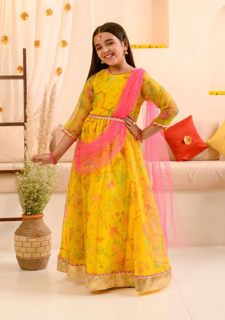 Yellow Printed Organza Dress With Belt And Dupatta (Set Of 3) - Indya