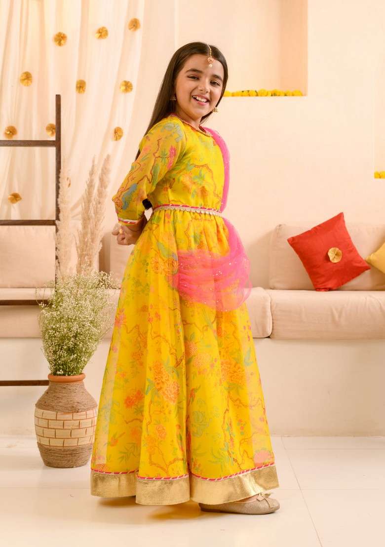 Yellow Printed Organza Dress With Belt And Dupatta (Set Of 3) - Indya