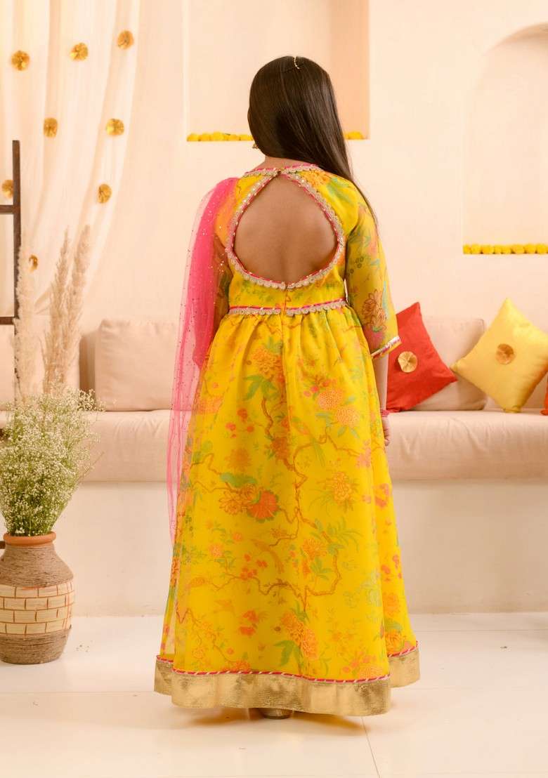 Yellow Printed Organza Dress With Belt And Dupatta (Set Of 3) - Indya