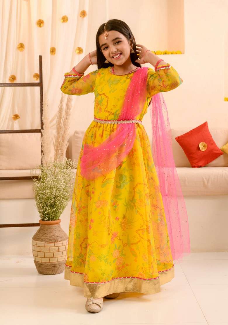 Yellow Printed Organza Dress With Belt And Dupatta (Set Of 3) - Indya
