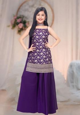 Jamudi Purple Embroidered Art Silk  Palazzo Set With Dupatta For Girls
