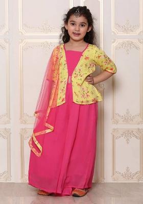 Yellow Solid Crepe Lehenga Set With Dupatta For Girls