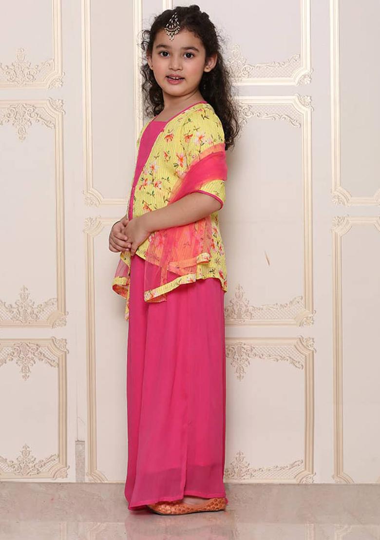 Yellow Solid Crepe Lehenga Set With Dupatta For Girls