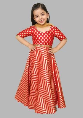 Red Printed Silk Anarkali Set With Dupatta For Girl