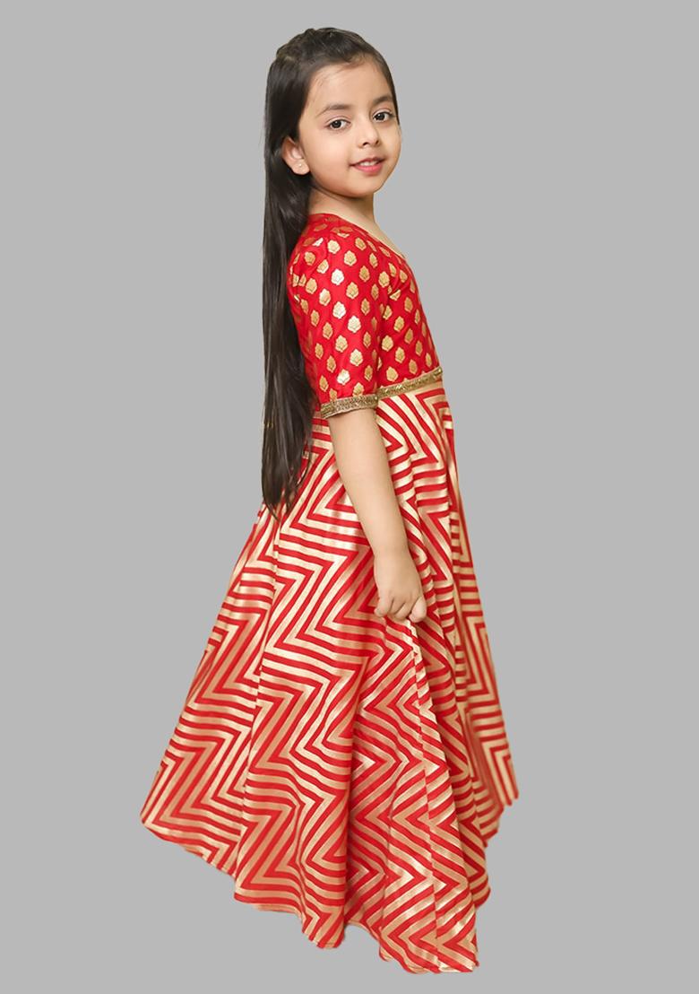 Red Printed Silk Anarkali Set With Dupatta For Girl