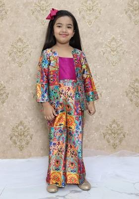 Multicolor Printed Silk Fusion Set For Girls