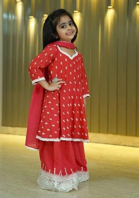 Pink Embroidered Silk Sharara Set With Dupatta For Girls